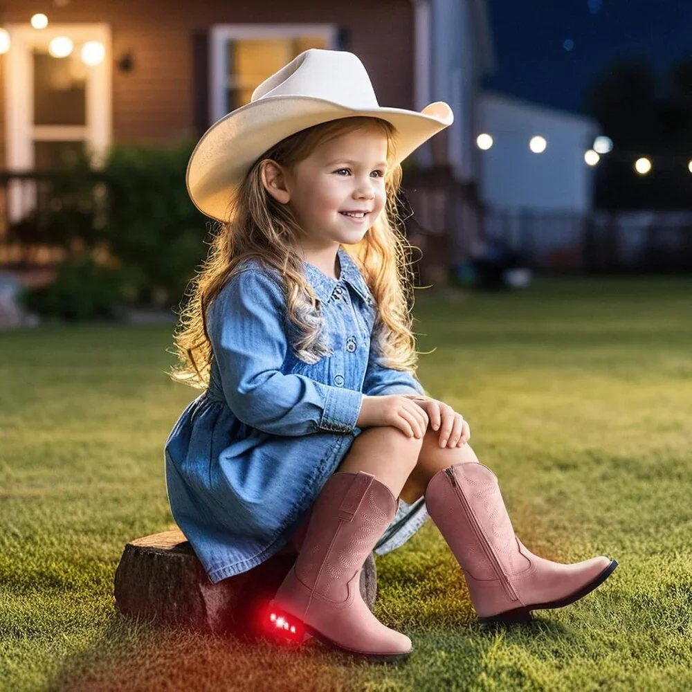 ⚡Girls Pink Cowgirl Boots Light Up Kids Western Boots for Toddler Calf High